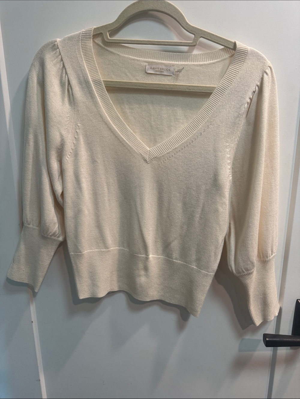 Ramy Brook Cream V-Neck Puff Sleeve Sweater